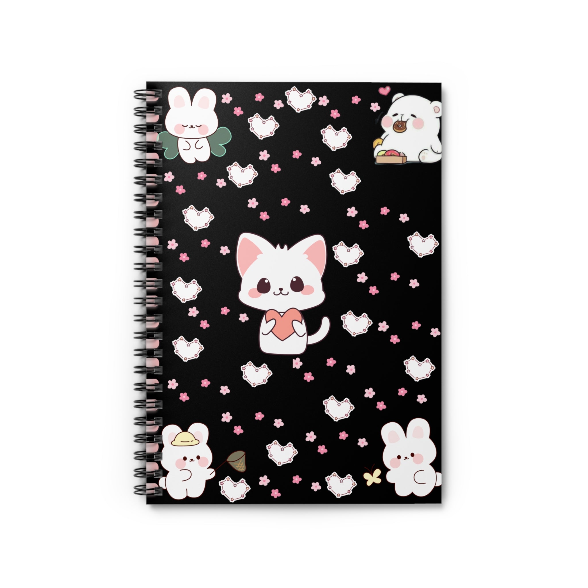 Kawaii Cat & Bunny Spiral Notebook — Cute Heart Pattern Ruled Journal