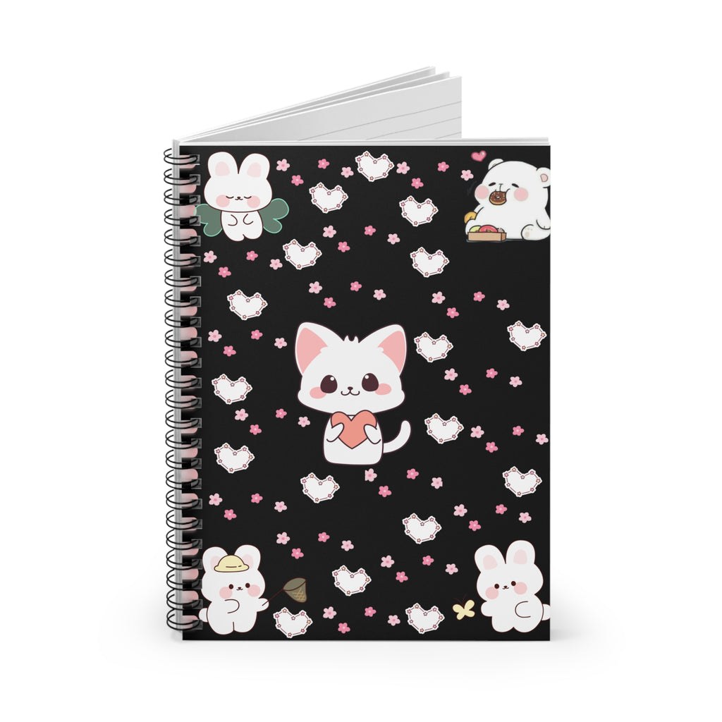 Kawaii Cat & Bunny Spiral Notebook — Cute Heart Pattern Ruled Journal