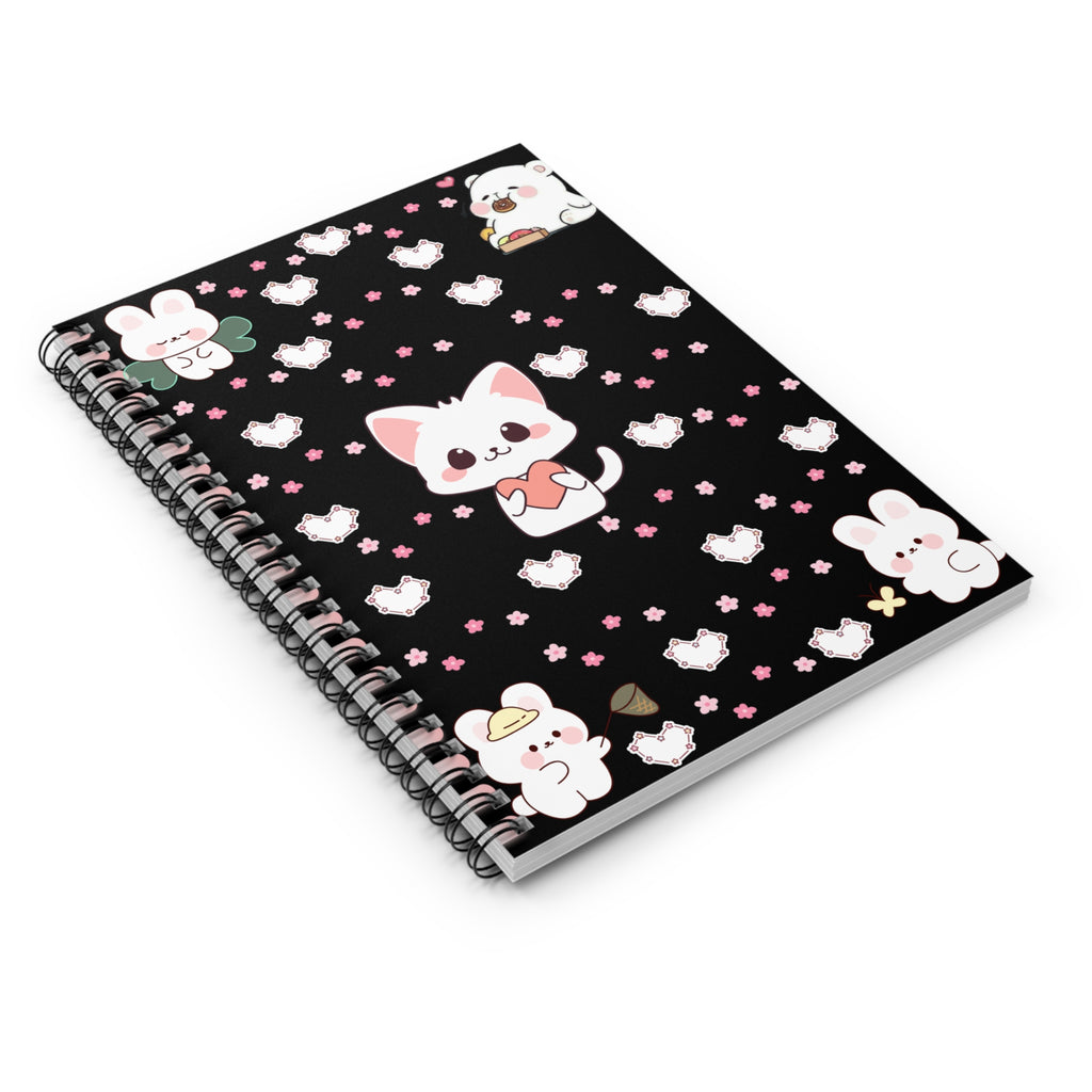 Kawaii Cat & Bunny Spiral Notebook — Cute Heart Pattern Ruled Journal